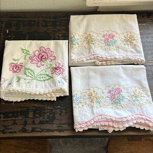 3 ct. Hand Embroidered Vintage Floral Embroidered Pillowcases